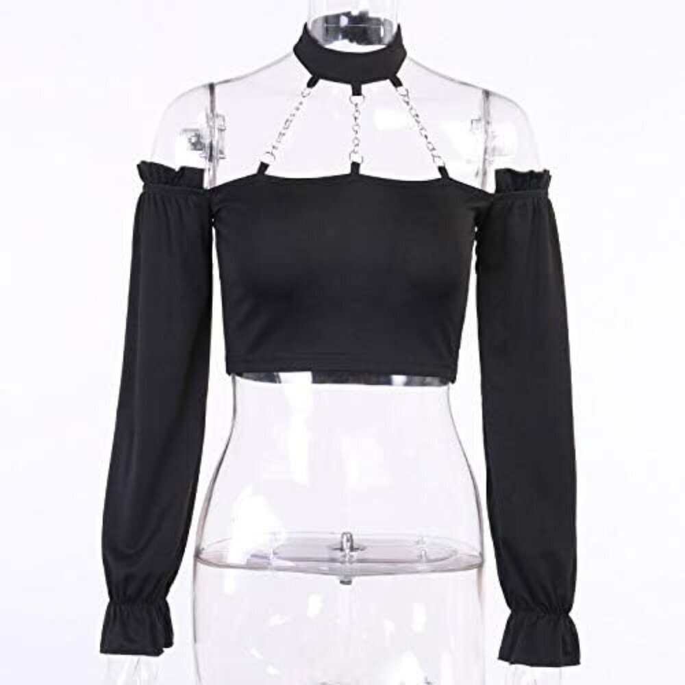 Dark Punk Crop Top with Chains Women Off Shoulder Long Sleeve Solid - Picture 5 of 6